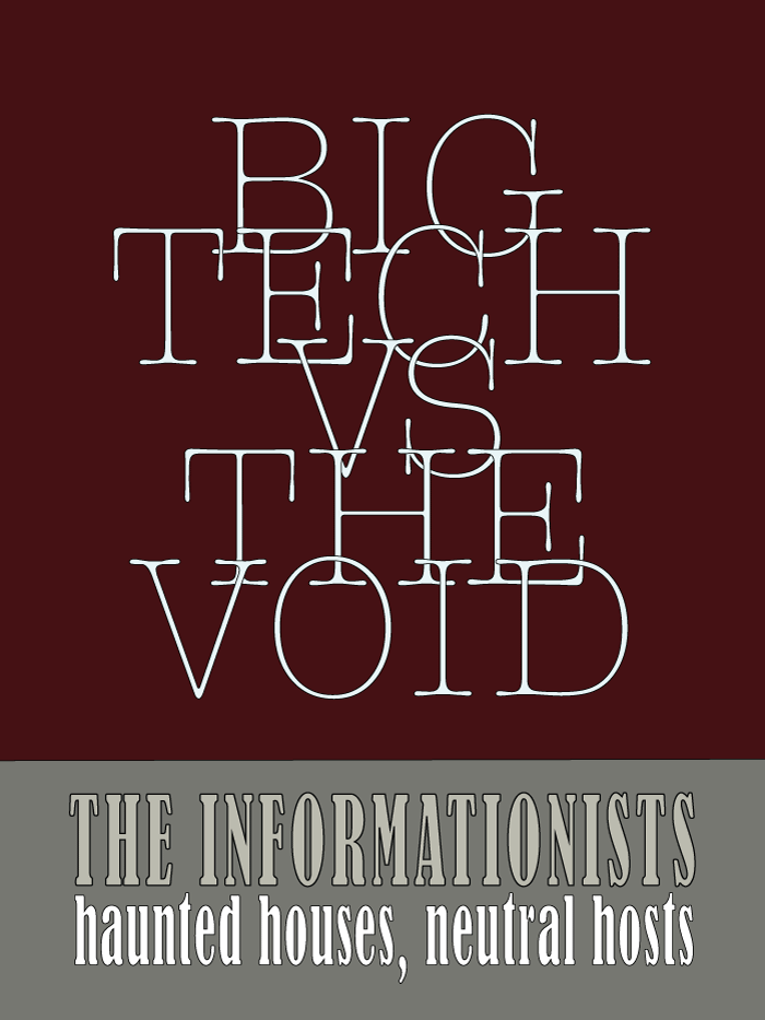 art by Lynne Barwick, reads in part: Big tech vs the void, haunted houses, neutral hosts