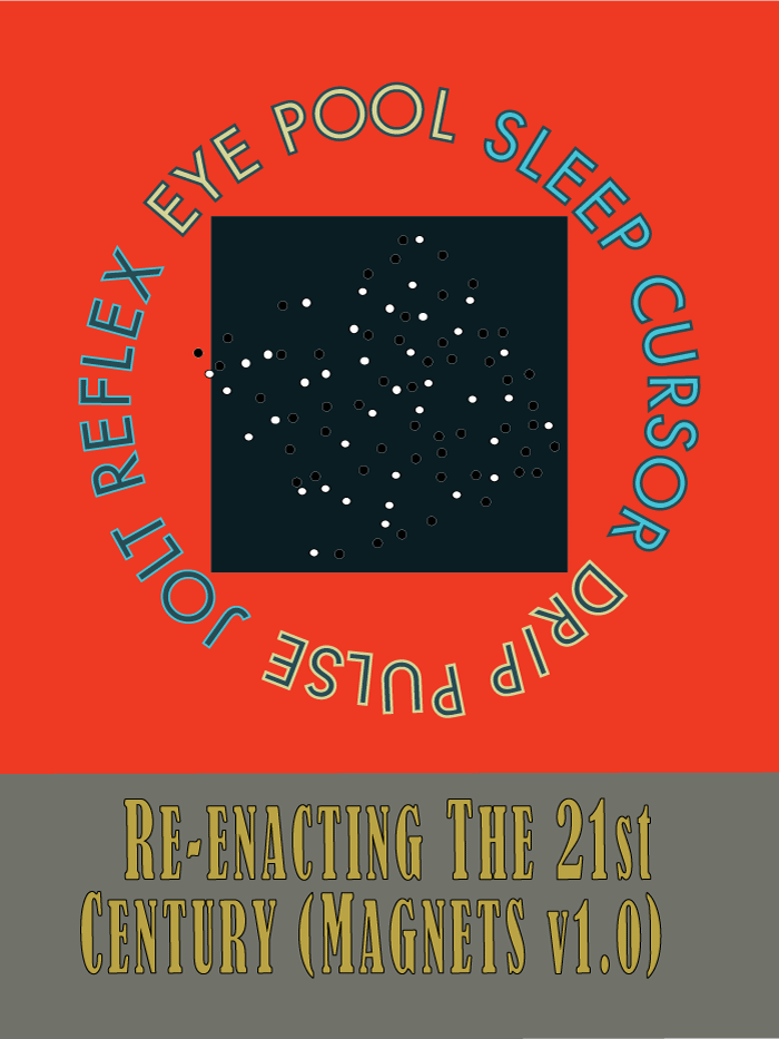 artwork by Lynne Barwick, reads in part: re-enacting the 21st Century, eye pool, sleep cursor, jolt reflex, drip pulse