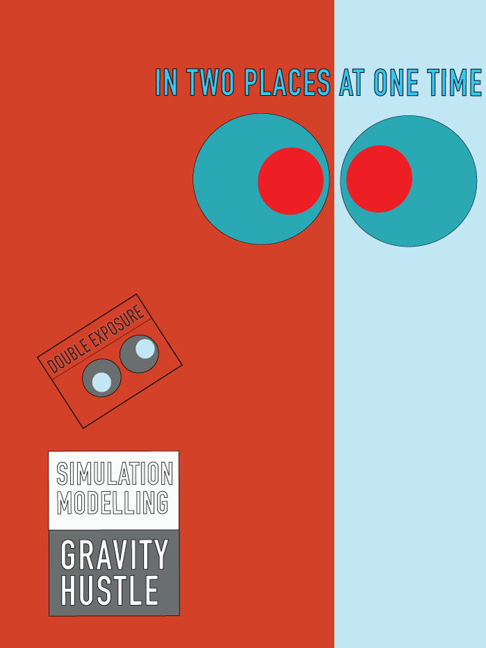 Digital artwork by Lynne Barwick reads In Two places at one time, Gravity Hustle, Simulation Modelling, Double exposure